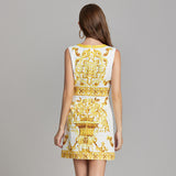 Diynav Summer New Women's High-End Court Retro-Print Round-Neck Sleeveless Vest Short Dress