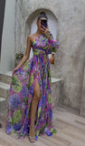 Diynav New Women's Sexy Slant Shoulder Shoulder Long Sleeves Crumped Floral Dress Dress High-End Big Smash Floral Dress