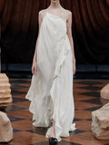 Diynav Fashion Show-Back Vintage Linen-Backed Lint-Slanted Shoulder-Hanging Neck Dress Dress Female Designer