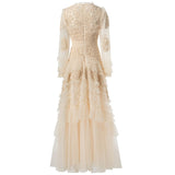 Diynav Industry Three-Dimensional Flower Hollow Long-Sleeved Lotus Side Princess Wind Apricot Dress New Women's Autumn And Winter 2024