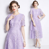 Diynav Dress New Short-Sleeved Lace Dress Women's Long-Singed Flower Hollow Purple High-Waist Aa Skirt Thin