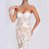 Diynav Lace Three-Dimensional Flowers Decorated With White Sexy Thoracic Dress Light Luxury Dinner Dress