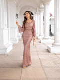 Diynav New Fashion V-Necked Hips Brighten Dress Mid-Waisted Horn Sleeve Long Evening Dress