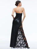 Diynav Solid Color PU Leather Fashion Temperament Body-Meared Lace Explosion Sexy Mid-Long Dress Dress Dress