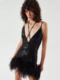Diynav Women's Sexy V-Necked Dress High-End Temperament Cane Stitched Feathered Ass Skirt Dress Dress