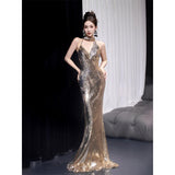 Diynav Dress Gold Female Senior Slid To Toasting Bride 2024 New Banquet Host Fishtail Skirt Hanging Neck
