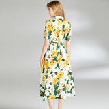 Diynav Print Dress 2025 Summer New Lapel Belt Repair Over Knee Skirt Yellow Dress