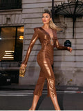 Diynav Temperament V-Neck Snake-Shaped Accessory Long-Sleeved PU Leather Ass Leather Dress Autumn And Winter New Dress
