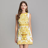 Diynav Summer New Women's High-End Court Retro-Print Round-Neck Sleeveless Vest Short Dress