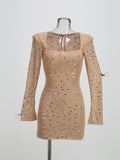 Diynav Women's New Sexy Square Collar Hot Diamond Long-Sleeved Dress Body Slimming Bag-Butt Dress Dress Dress Woman