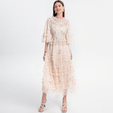 Diynav Elegant Dress Woman 2025 French Heavy Industry Embroidered Flower Net Folded Pongy Over Knee Dress