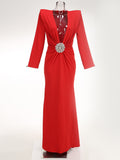 Diynav Women's Sexy Deep V-Folded Long-Sleeved Dress Dress Long Dress Dress