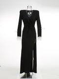 Diynav Women's New Sexy Deep V Kinesk Long-Sleeved Dress Dress High Open-Pocket Bag Even Skirt