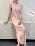 Diynav Fish Squid Folding Vest Dress Women's Summer Temperament Simple Embody Sleeveless Over The Knee Wrinkle Open One-Step Skirt