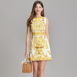 Diynav Summer New Women's High-End Court Retro-Print Round-Neck Sleeveless Vest Short Dress