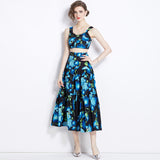 Diynav Summer New Women's Retro Sleeveless Short-Wrapped Breast Sling + Printed High-Rise Half-Dress Two Sets