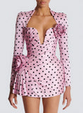Diynav Dress Wave Point Printing Deep V-Neck Heavy Industry Flower Folds To The Waist Dress Short New Model