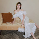 Diynav Dress 2024 New Fine Shiny Piece Shoulder Dress Fishtail Dress Three-Dimensional Lotus Bra Little Dress