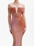 Diynav Fashion Dress Elegant V-Neck Sexy Hot Diamond Into Shoulder Sleeve Banquet Dress Bodyd Women