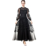 Diynav Industry Water-Soluble Flowers Hollow Long-Sleeved Lotus Side Princess Wind Black Dress New Women's Spring And Summer 2025