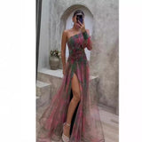 Diynav New Women's Sexy Slant Shoulder Shoulder Long Sleeve Broken Flower Dress Dress High-End Big Swing Flowers