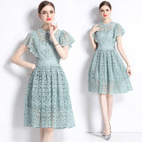Diynav Summer New French Elegant Water-Soluble Lace Hook Hollow Flying Sleeve Temperament Waist Dress Dress Woman