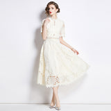 Diynav High-End Lace Splicing Round Collar Dress Women's New Summer Waist Thin Temperament Big Swing Dress Dress