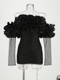 Diynav Women's New Flower Decoration Sexy Corset Dress Perspective Mesh Long-Sleeved Ass Skirt Dress