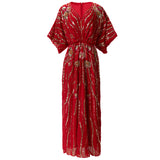 Diynav Industry Lienu Embroidered Nail Pearl Bat Sleeve Red Packed Buffet Long Dress Dress Summer Autumn Women's Dress 2024