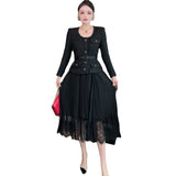 Diynav Wind Round Neck Heavy Industry Nails Button Pressure Folded Black Coarse Flowers Dress Women's Spring And Autumn 2025