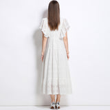 Diynav Hollow Embroidery Hook Lotus Leaf Side Flying Sleeve V Collar Thai Dress Fairy Vacation Lotus Side Dress