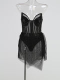 Diynav Women's New High-End Hot Diamond Sexy Mesh Perspective Irregular Dress Body-Bossed Dress Dress