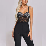 Diynav Hepburn Women's Sling Lace Bandage Elastic Slimming Jumpsuit Fish Bone Long Black