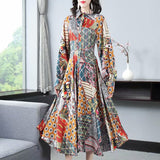 Diynav Long-Sleeved Beautiful Print Fashion Single Buckle Long Dress Retro Dress Spring And Autumn Women's Collar 2025