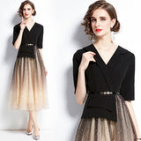 Diynav Dress Famous Temperament Thin Fake Two Suit Mesh Splicing Long Skirt