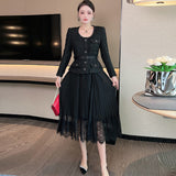 Diynav Wind Round Neck Heavy Industry Nails Button Pressure Folded Black Coarse Flowers Dress Women's Spring And Autumn 2025