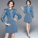 Diynav Temperament Feel Hot Diamond Bow Bow Long Sleeve Spliced High-Waist Heavy Industry Dress Women Spring And Autumn New