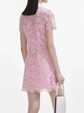 Diynav Pink Design Collar Lace Hollow Single Buckle Short Dress Spring And Summer New