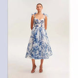 Diynav French Super Fairy Holiday Sling Belt Sleeveless Waist-Free Blue Printed Dress Body-Drag Skirt