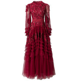 Diynav Industry Glide Round Collar Cascade Lantern Sleeves Big Wine Red Dress Women's New Autumn 2025