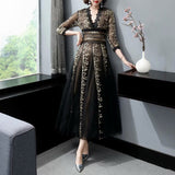 Diynav V-Neck Heavy Industry Embroidery Mesh Perspective Big Swing Dress Black Dress Women Spring And Summer 2024