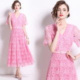 Diynav Wears Pink Collar Sweet Lace Dress With High-Grade Tea-Smelled Style Long Dress