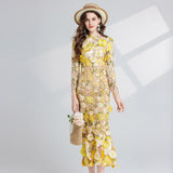 Diynav Light Luxury Heavy Industry Embroidery Three-Dimensional Flowers Waist Long Sleeve Dress