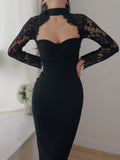 Diynav Hanging Neck Lace Dress Wish Burst Banquet Bandage Dress Autumn And Winter Long Sleeves