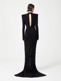 Diynav Black Long-Sleeved Hollow V-Neck Cross Dress Metal Fishtail Elegant Dress
