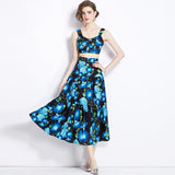 Diynav Summer New Women's Retro Sleeveless Short-Wrapped Breast Sling + Printed High-Rise Half-Dress Two Sets