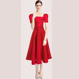 Diynav Hepburn Style Temperament Pure Color Folds To The Waist Slim Hem Solid Color Dress Dress Summer
