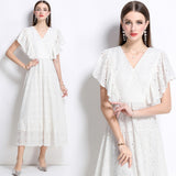 Diynav Hollow Embroidery Hook Lotus Leaf Side Flying Sleeve V Collar Thai Dress Fairy Vacation Lotus Side Dress