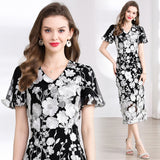 Diynav Banquet Famous Wind V-Neck Bubble Sleeves Body-Brace Hip Three-Dimensional Flower Lace Dress