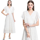 Diynav Hollow Embroidery Hook Lotus Leaf Side Flying Sleeve V Collar Thai Dress Fairy Vacation Lotus Side Dress